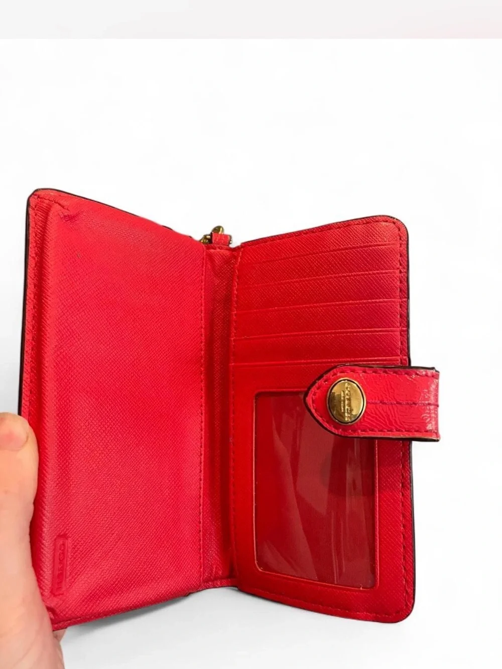 Coach Brown Signature Canvas Wristlet wallet with Red Strap